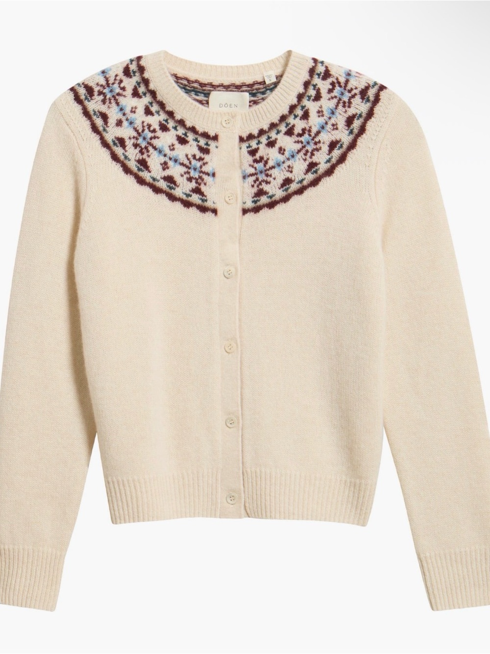 Doen Olympe Ivory Cream Fair Isle Yoke Cardigan Sweater Top off white New